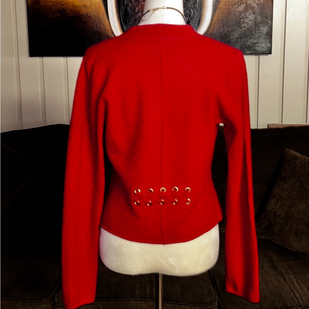 Cache ~ Women's Small ~100% Wool ~ Red Blazer Jacket W/ Lace Up Detail Hook Loop - Picture 15 of 16